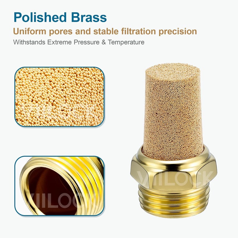 VIILOCK Brass Pneumatic Mufflers, 1/2" NPT Male Thread Hex Sintered Exhaust Muffler Silencer Air Fitting (Pack of 5, N4) - Image 3